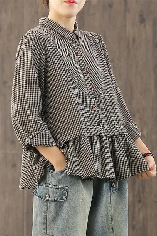 Limited Stock- Loose Plaid Ruffle Splicing Cotton Linen Shirt
