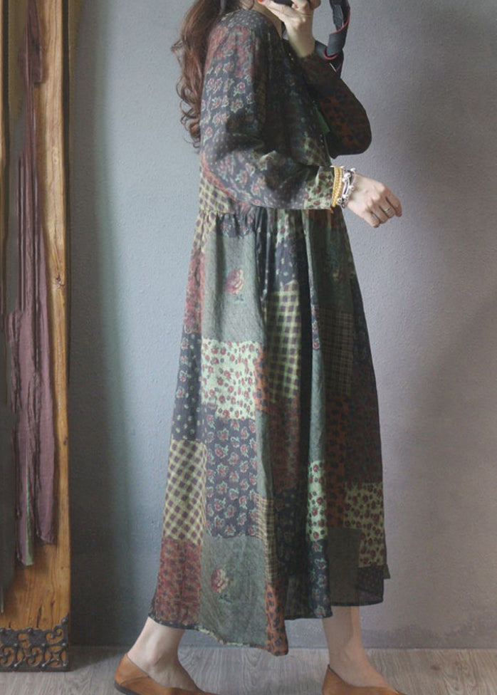 V Neck Wrinkled Patchwork Linen Maxi Dresses Long Sleeve