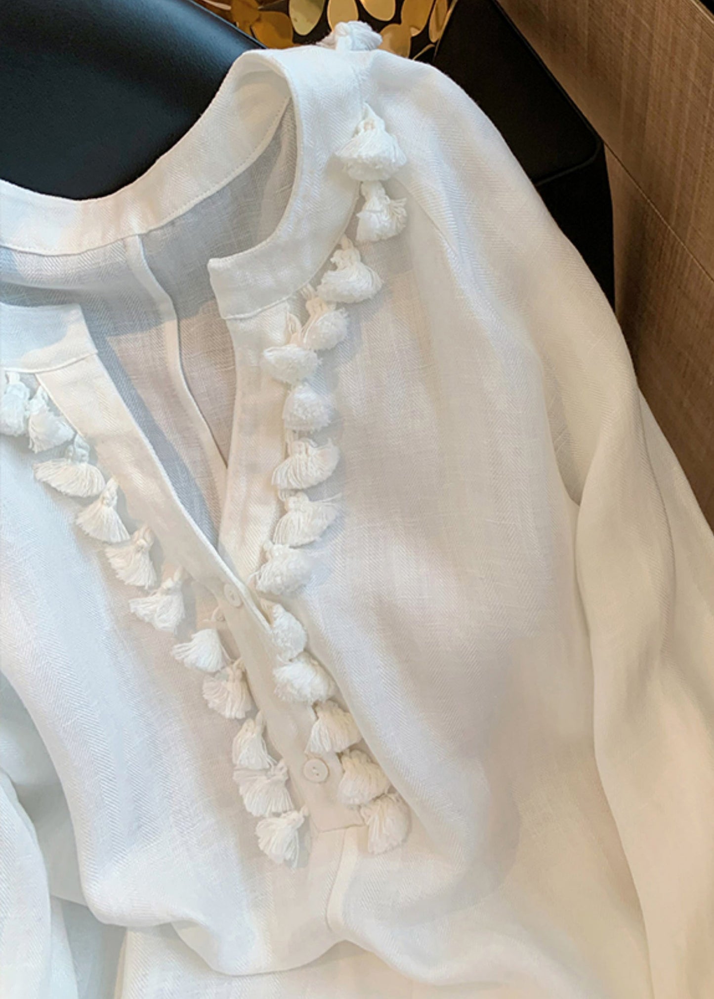 White V Neck Tasseled Linen Shirt Fall