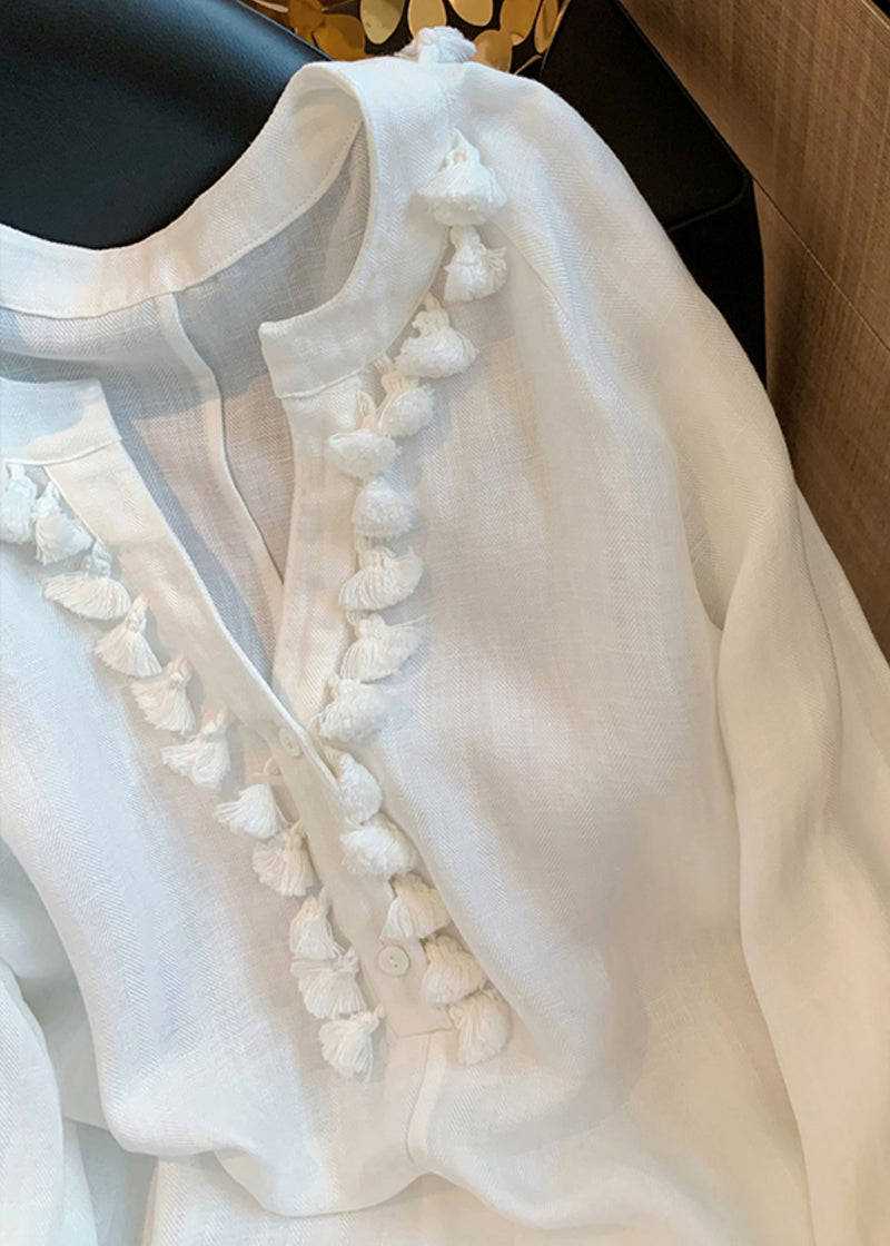White V Neck Tasseled Linen Shirt Fall