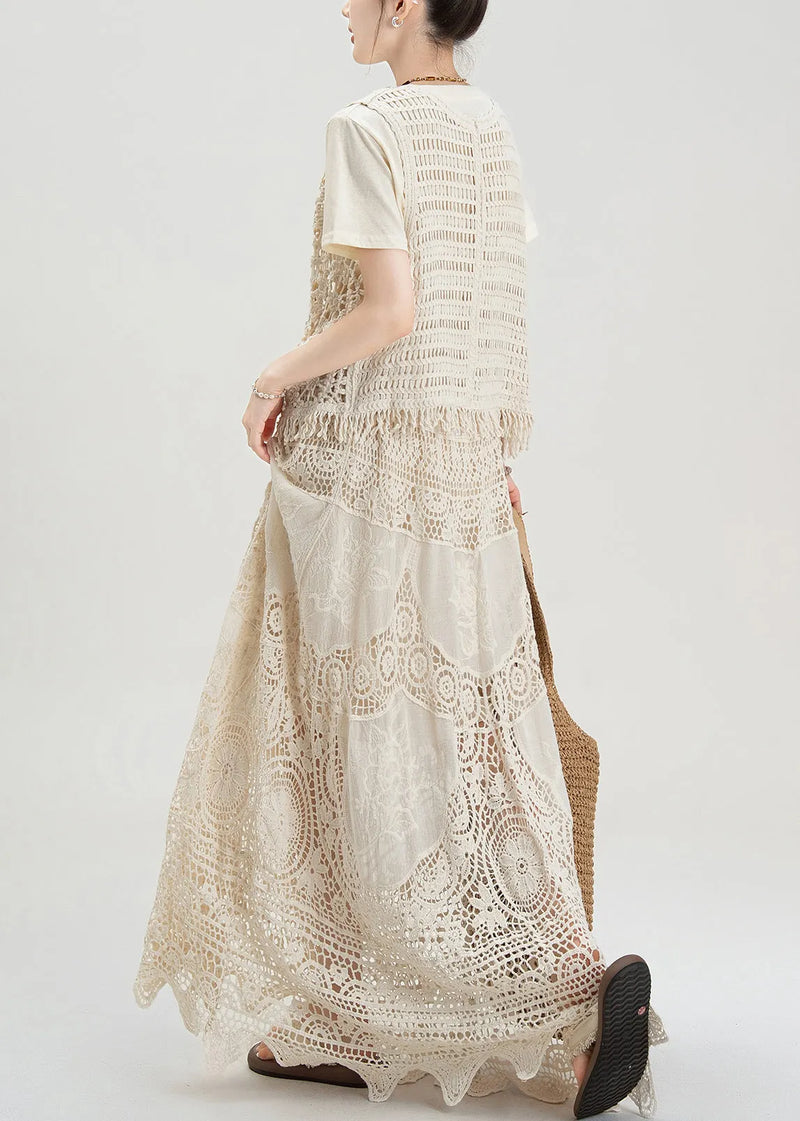 Apricot Hollow Hook Flower Vest T-shirt Skirt Set Summer
