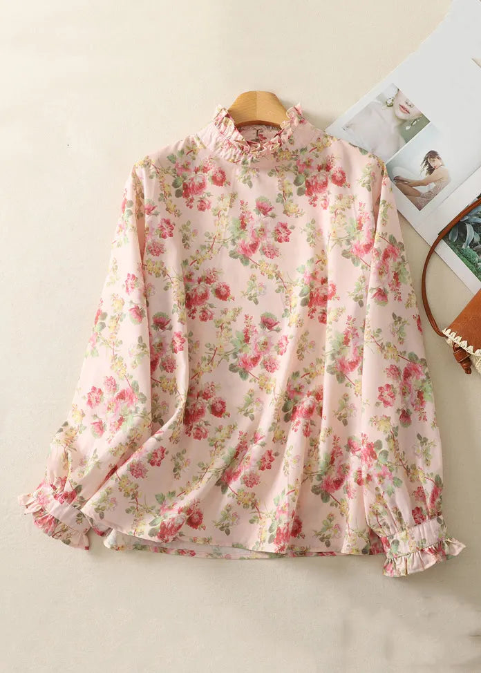 Stylish Pink Ruffled Print Button Cotton Blouse Top Spring