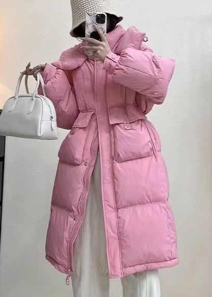 Stylish Pink Pockets Drawstring Duck Down Puffer Hooded Parkaer Winter