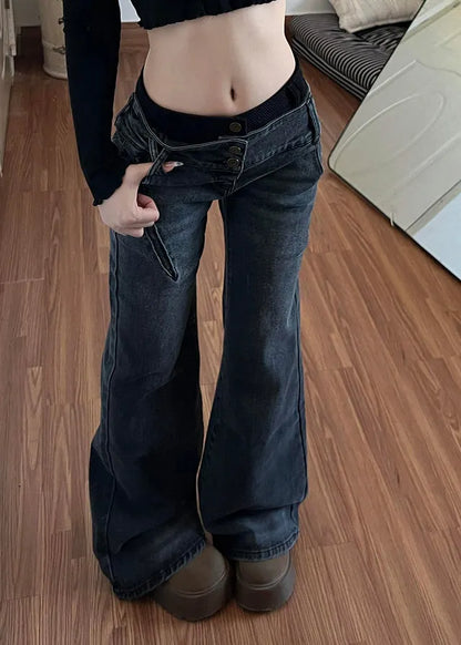 Black Silm Fit Denim Flare Bottoms Pants Trousers Spring