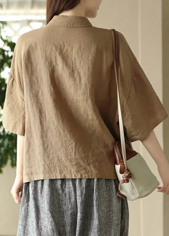 Simple Khaki Patchwork Button Linen Shirts Half Sleeve