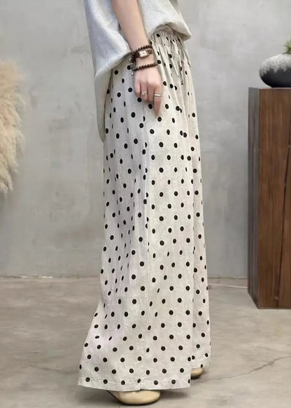 New Dot Pockets Elastic Waist Linen Wide Leg Pants Summer