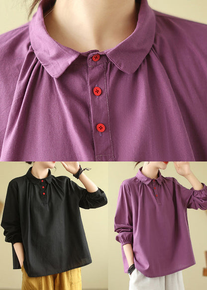 Black Peter Pan Collar Wrinkled Cotton Shirts Fall