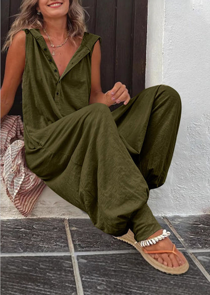 New Beige Hooded Cotton Jumpsuit Sleeveless