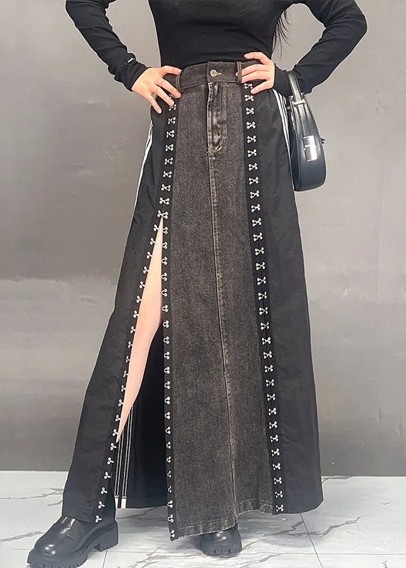Dark Grey Patchwork Side Open Denim Skirts Fall