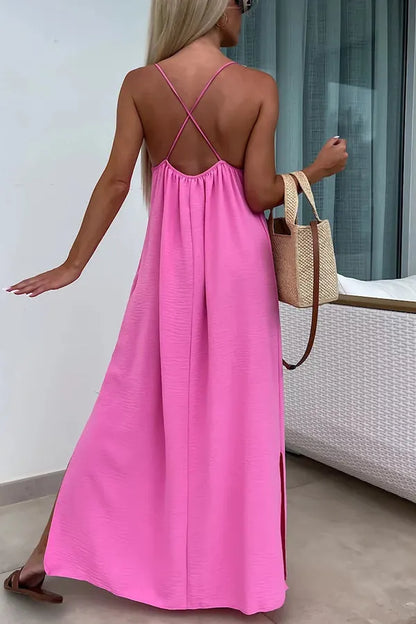 Color Resort Style Spaghetti Strap Backless Maxi Dress