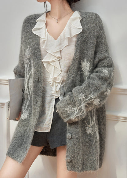 Boutique Grey Embroidered Sequins Cotton Knit Cardigan Spring
