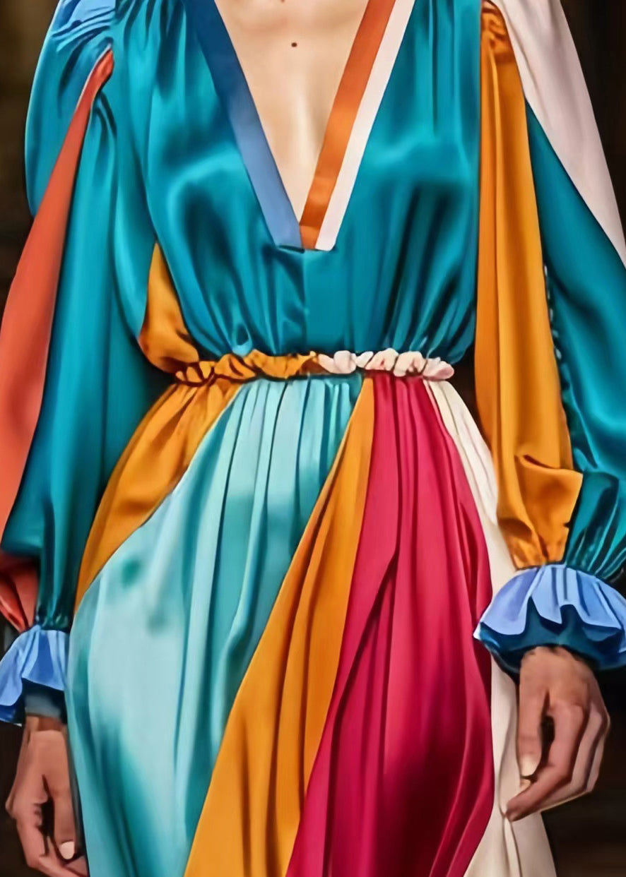 Peacock Green V Neck Patchwork Silk Vacation Dresses Spring