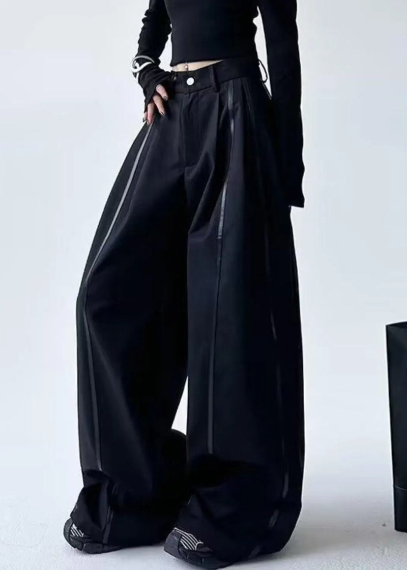 Black Striped Patchwork Pockets Lantern Pants Spring
