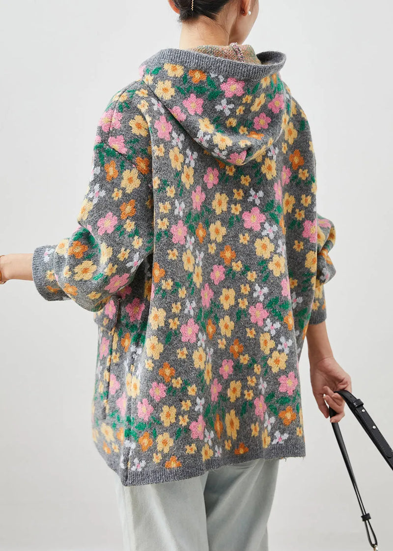 Stylish Grey Zip Up Print Knit Coat Spring