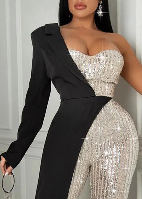 White Asymmetrical Sequins Patchwork Jumpsuit Spring