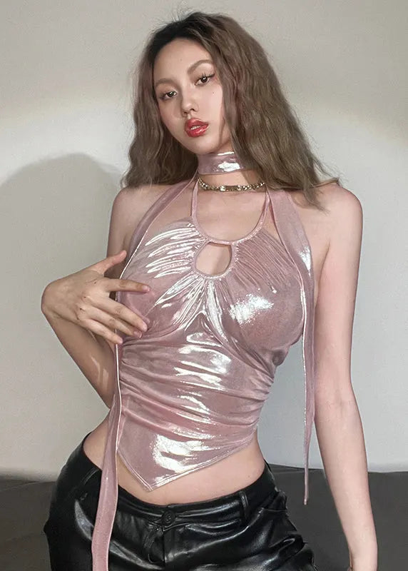 Pink Halter Wrinkled Faux Leather T Shirt Summer