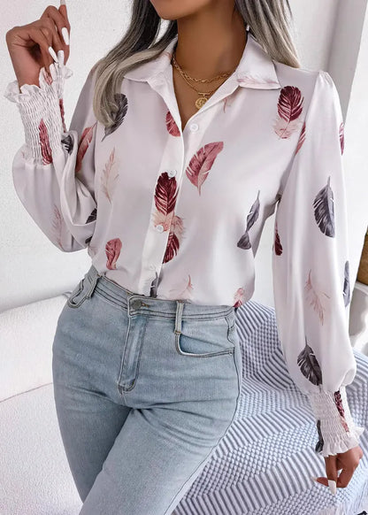 French White Peter Pan Collar Feathers Print Chiffon Shirt Spring