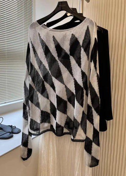 Striped Plaid Slash Neck Knit Top Fall