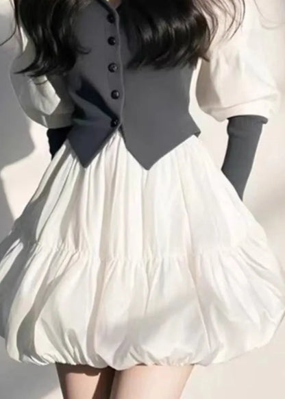 Organic White V Neck Button Mid Dress Puff Sleeve