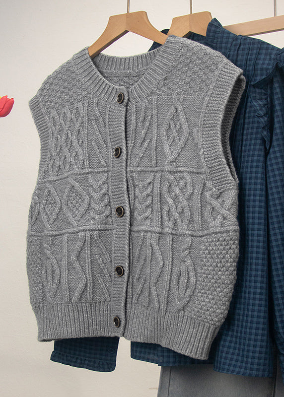 Grey O Neck Button Knit Vest Tops Sleeveless