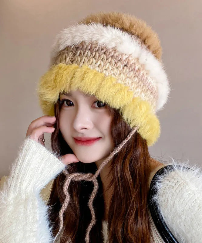Style Purple Rabbit Knit Patchwork Bucket Hat