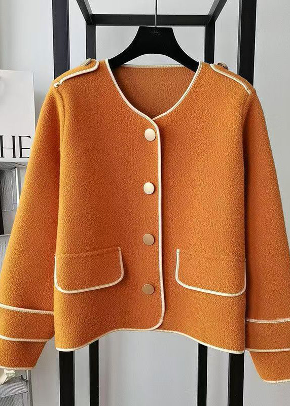 Beige O Neck Pockets Woolen Short Coat Fall