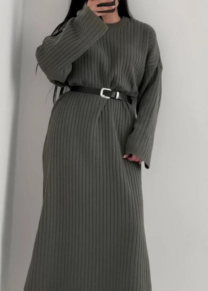 Grey O Neck Long Knit Sweaters Dress Fall