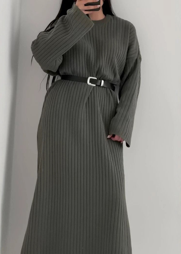 Grey O Neck Long Knit Sweaters Dress Fall