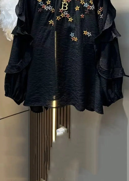 Loose Black Embroidered Ruffled Cotton Tops Long Sleeve