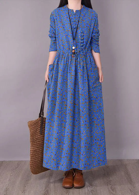 Blue O-neck Wrinkled Print Linen Dress Long Sleeve