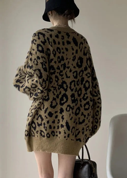 Khaki Leopard O Neck Cozy Knit Sweater Winter