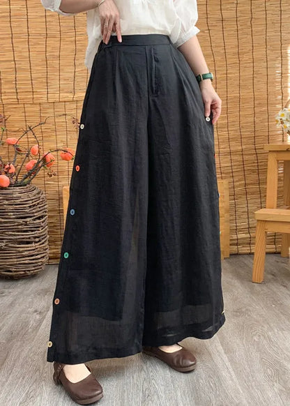 Stylish Black Elastic Waist Button Linen Wide Leg Pants Summer