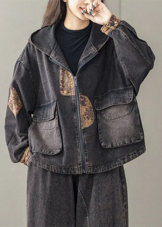 Art Black Oversized Patchwork Hooded Jacket Spring