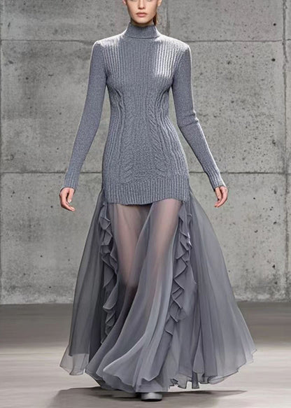 Grey Ruffled Patchwork Tulle Knit Dress Winter