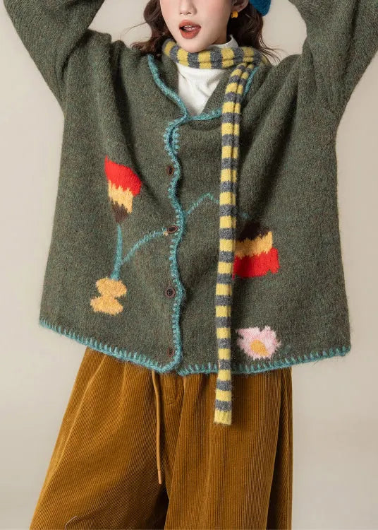 Loose Green Peter Pan Collar Button Knit Coat Spring