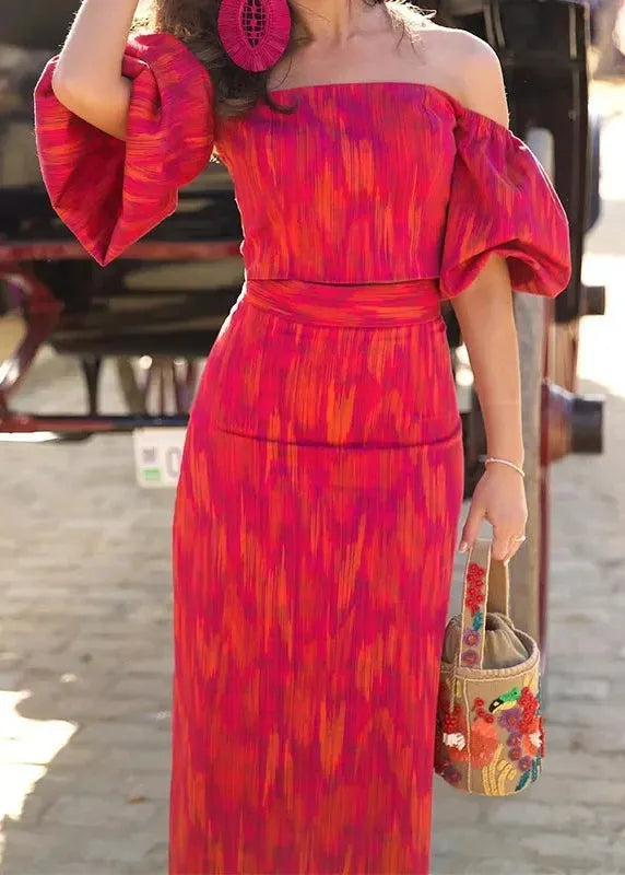 New Off Shoulder Top and Skirt Set Bubble Sleeves