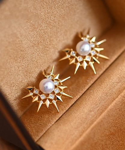 Original Design Sunflower Pearl Gold Plated Stud Earrings