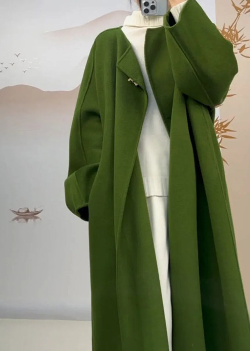 Classy Green O Neck Pockets Woolen Coat Fall