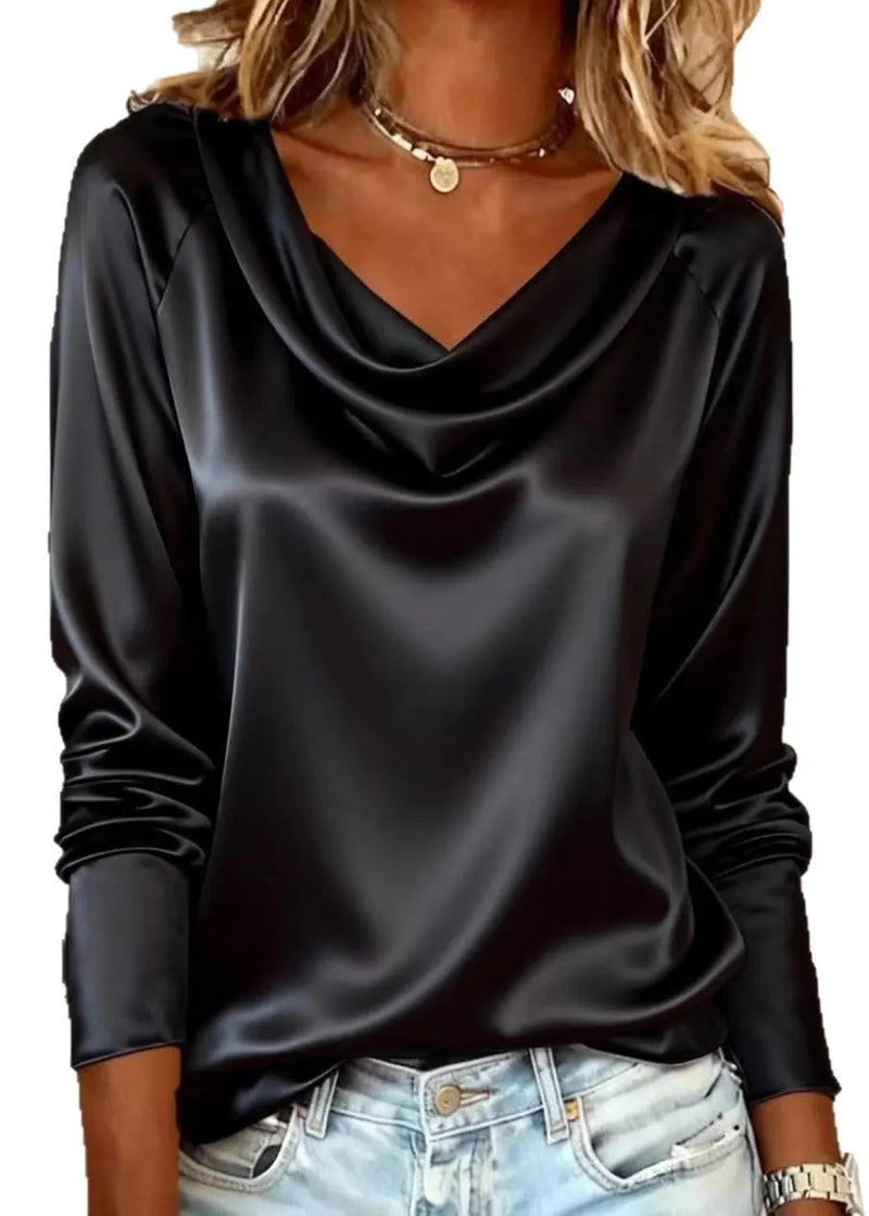 Gold Draped Neckline Silk Shirt Top Spring