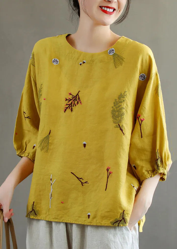 Yellow O-neck Embroidered Patchwork Linen T Shirts Summer