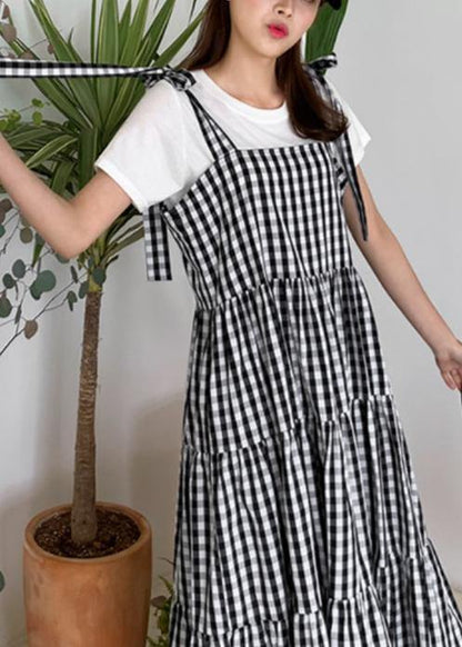 Diy Plaid Cotton Linen Robes Patchwork Pockets Loose Dress