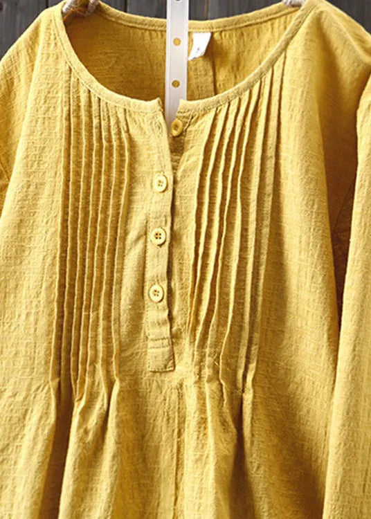 Yellow O Neck Wrinkled Cotton Shirts Spring