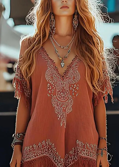 Unique Red Tassel Print Patchwork Cotton Dress Summer