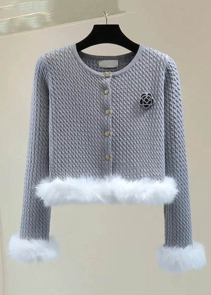 Stylish Grey O-neck Fuzzy Fur Fluffy Cotton Knit Sweater Winter
