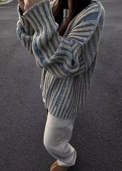 Boutique Blue O Neck Thick Striped Knit Sweaters Fall