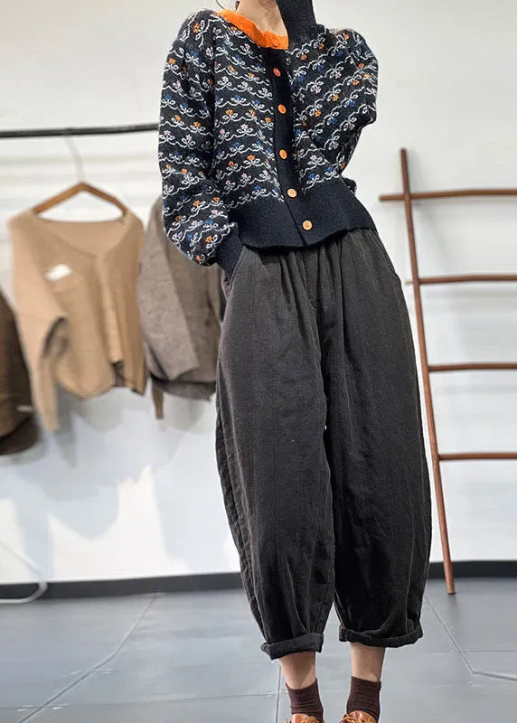 Black O-neck Jacquard Patchwork Knit Cardigans Winter
