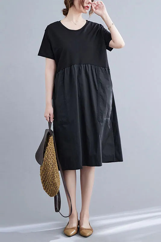 -summer Color Crew Neck Stitching Dress