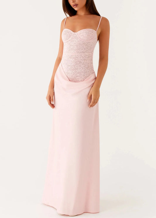 Slim Fit Pink Cold Shoulder Lace Patchwork Spaghetti Strap Dress Sleeveless