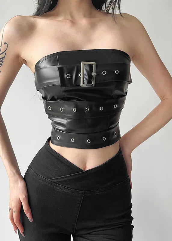 Novelty Black Cold Shoulder Patchwor Faux Leather Top Summer