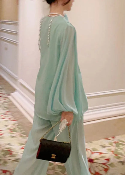 Modern Green O-neck Chiffon Top and Wide Leg Pants Two Piece Set Spring
